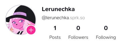 A screenshot of my Spark profile. [An icon of a pink hybrid bunny/alpaca, wearing a black witch hat.] Text: Lerunechka @lerunechka.sprk.so 1 Posts 0 Followers 0 Following